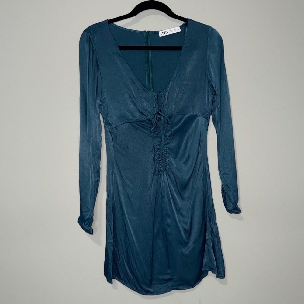 Zara Womens Teal Satin Ruched Tie Front V-Neck‎ Long Sleeve Mini Dress Size S